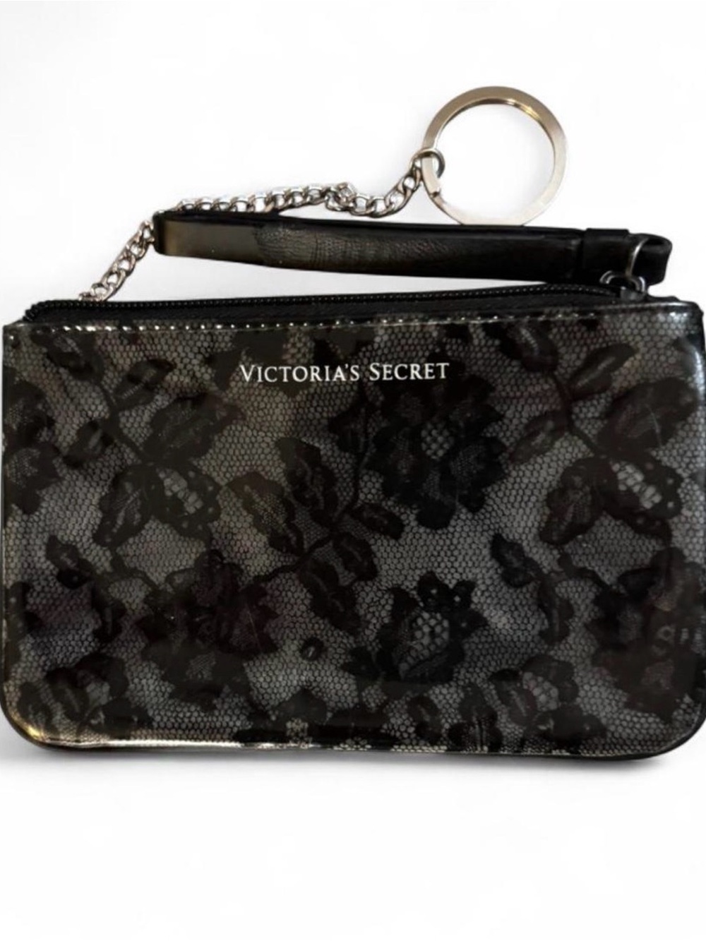 Victoria's Secret Black Floral Lace-Overlay Wristlet with Chain Strap